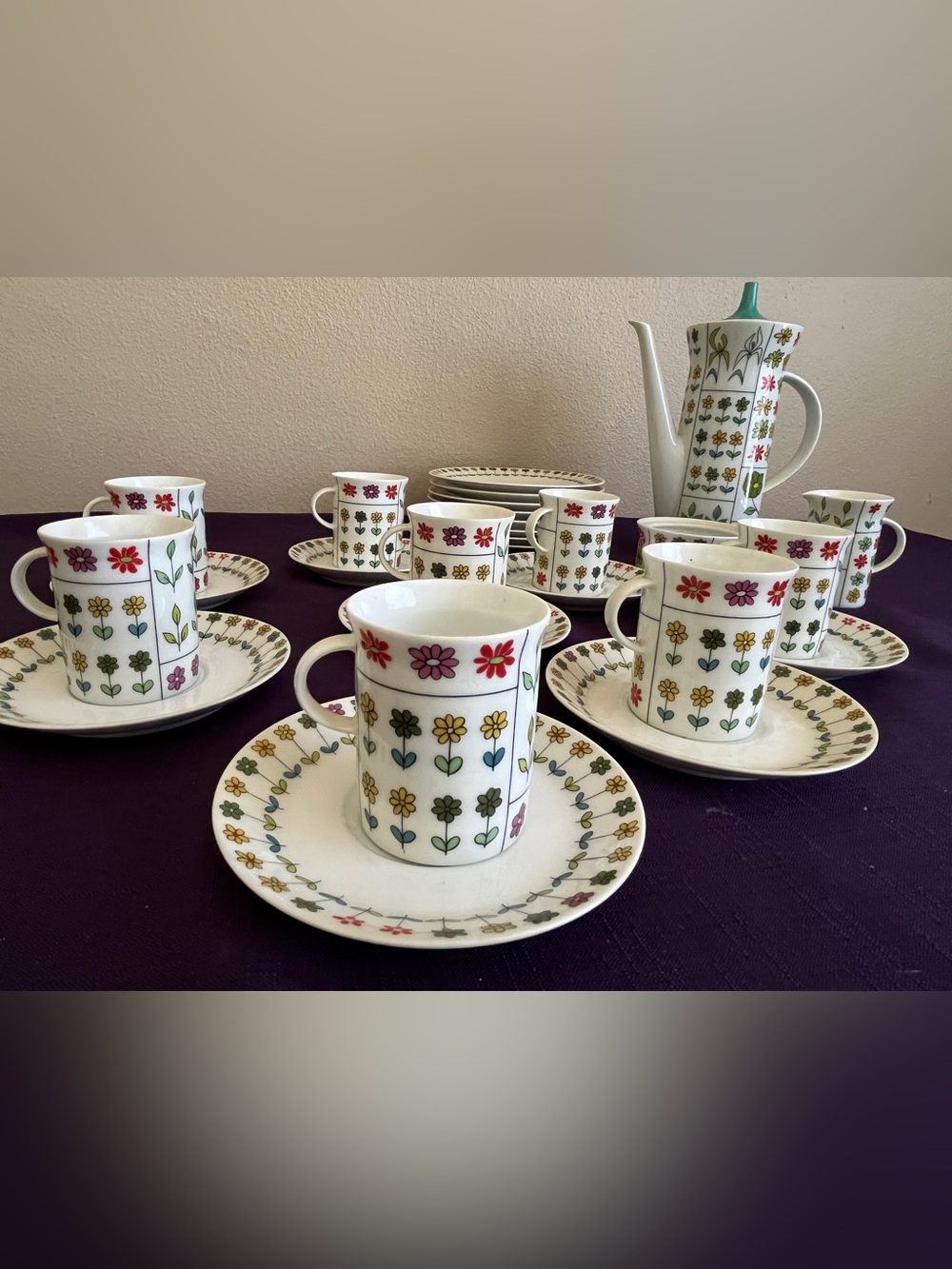 Rosenthal White Porcelain Demitasse Set with Multicolor Floral Motif